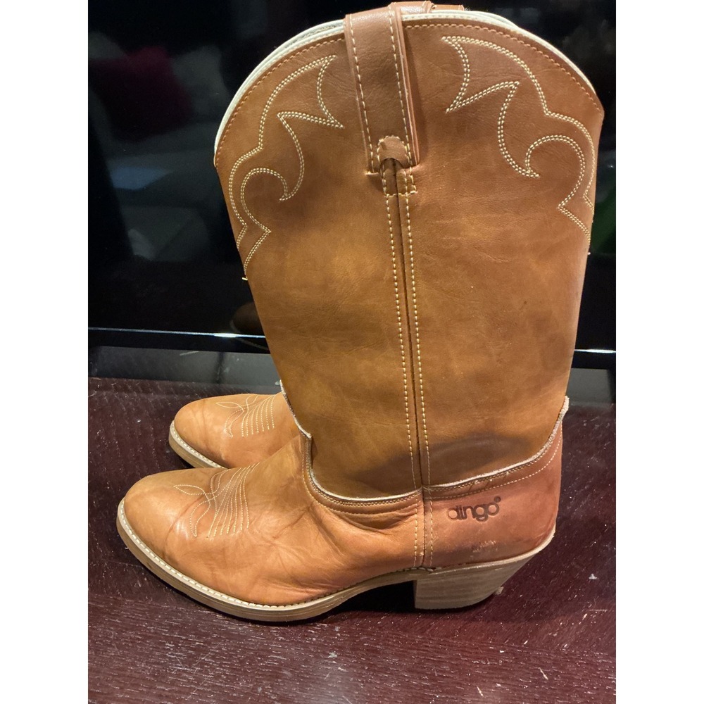 Dingo Tan Leather Western Cowboy Boots Almond Toe Stacked Heel Mens - Picture 3 of 6